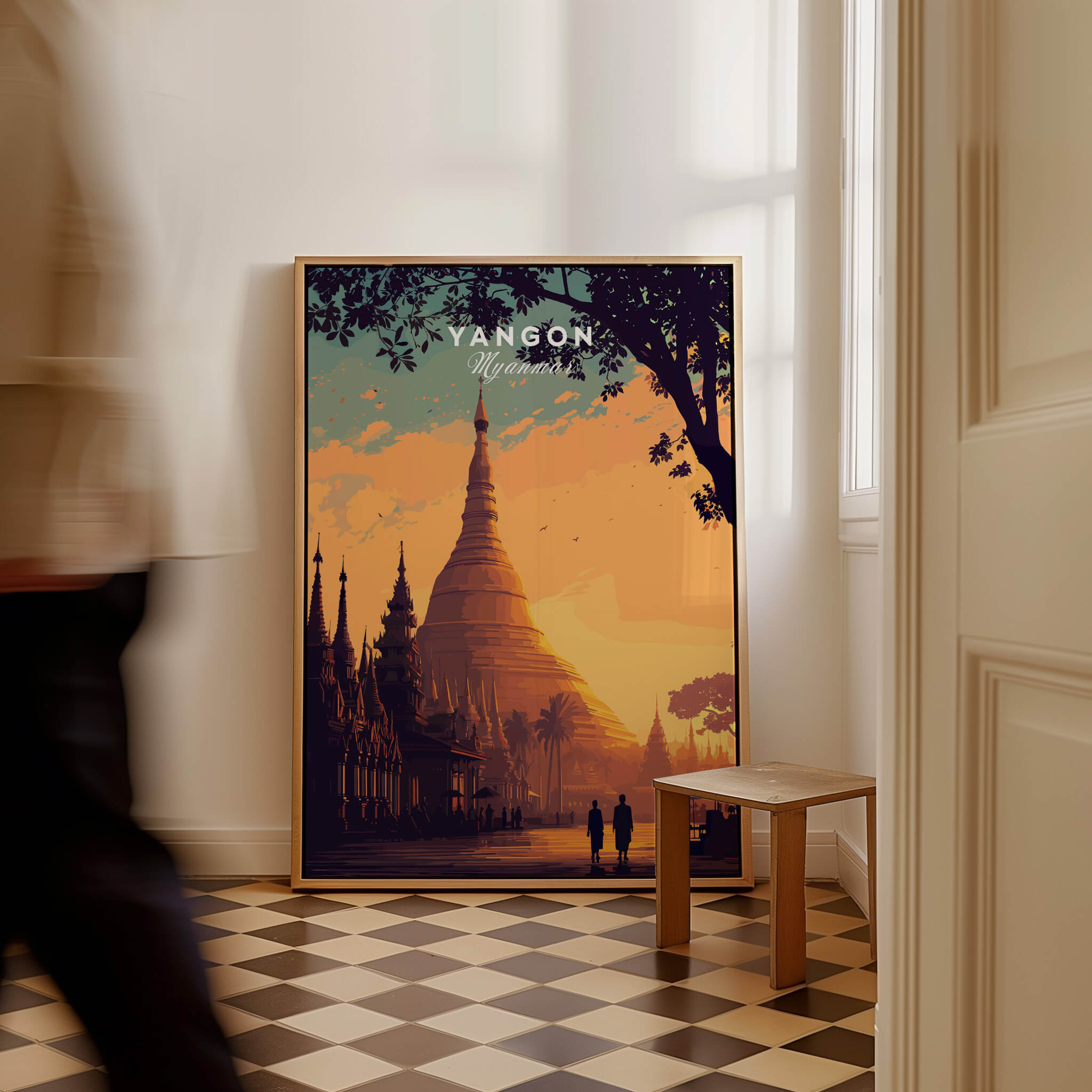 Yangon Myanmar Wall Art Print | Shwedagon Pagoda Sunset Travel Poster featuring golden sunset colors and the iconic pagoda.