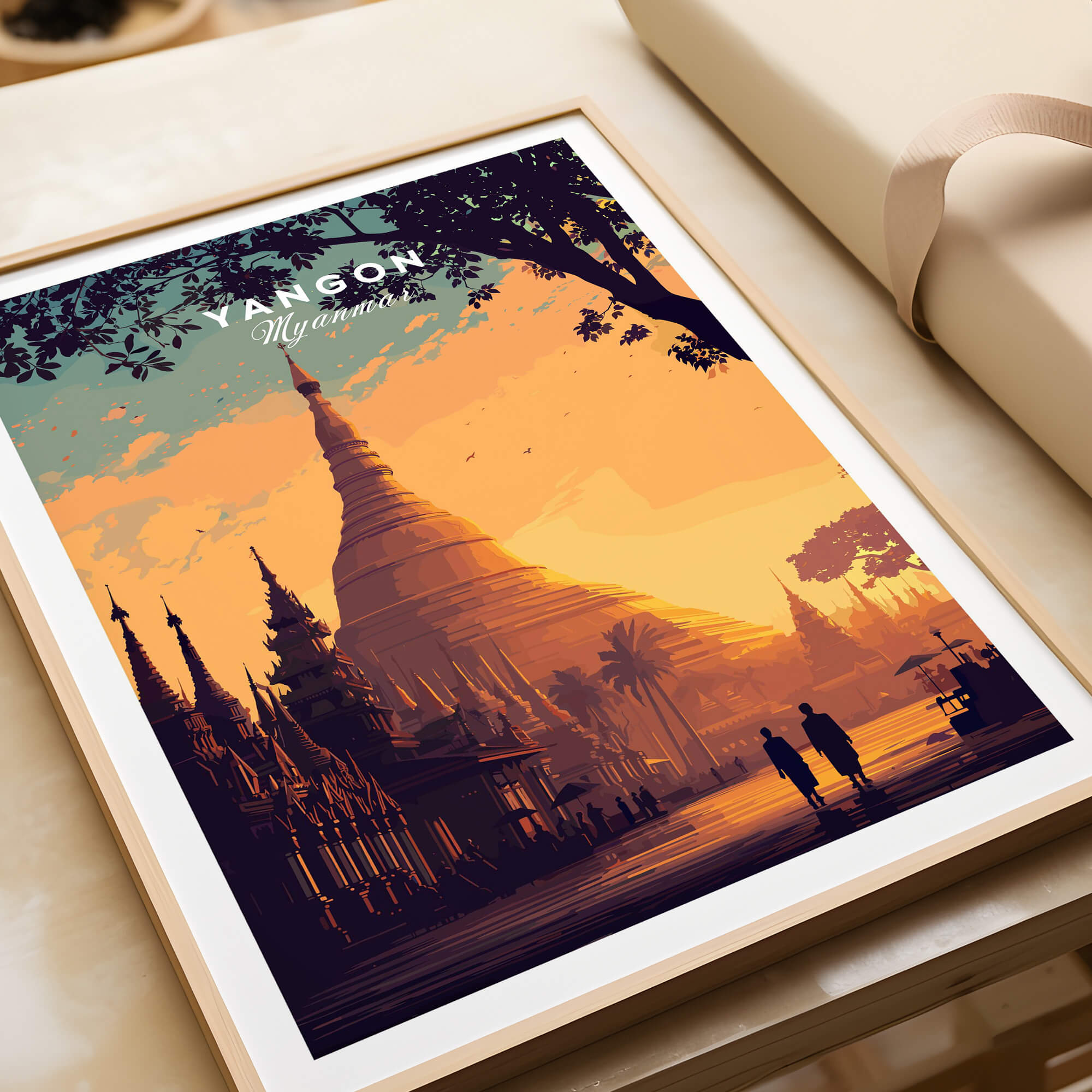 Yangon Myanmar Wall Art Print | Shwedagon Pagoda Sunset Travel Poster showcasing the iconic pagoda at sunset.