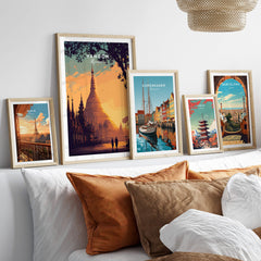 Yangon Myanmar Wall Art Print | Shwedagon Pagoda Sunset Travel Poster framed alongside other city travel posters.
