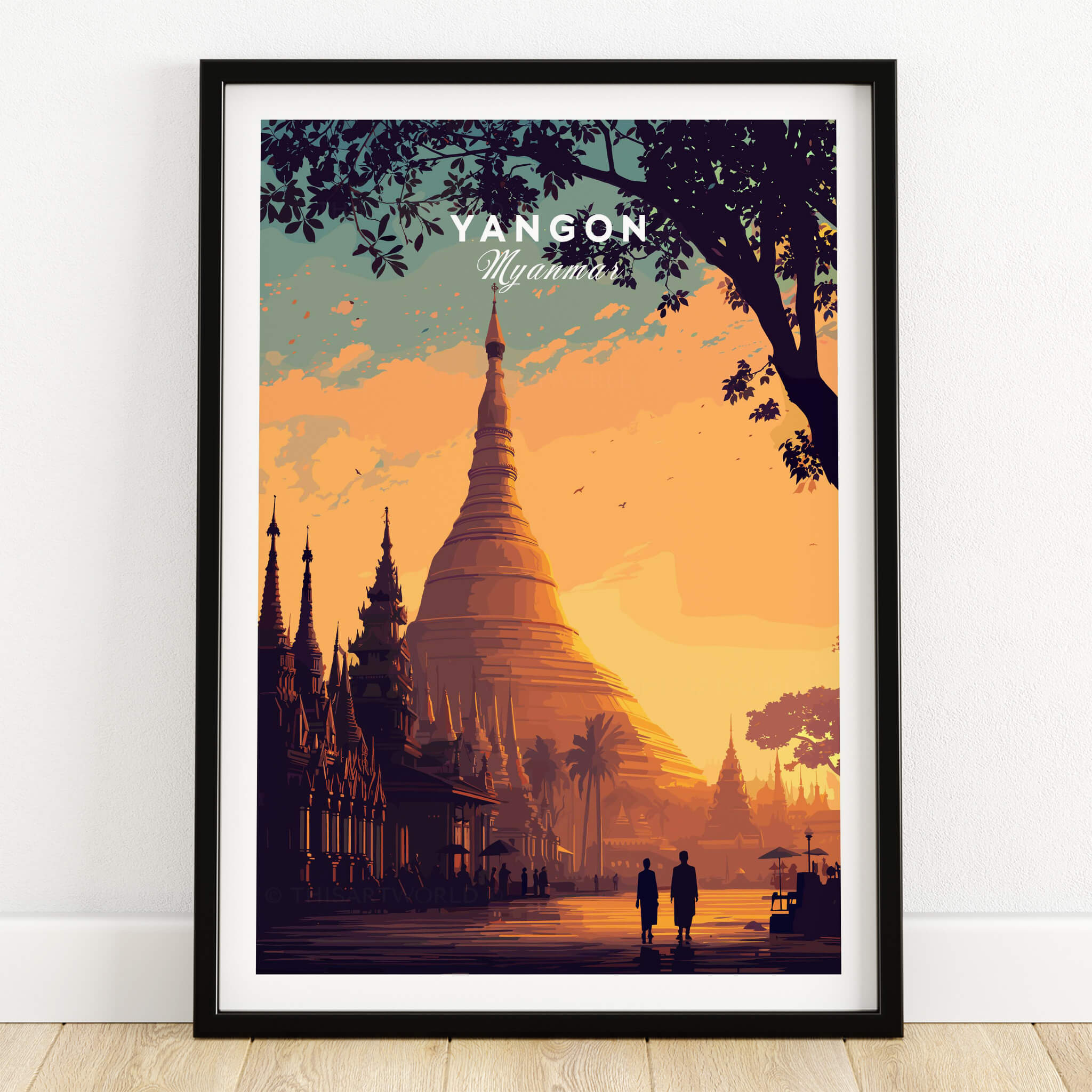 Yangon Myanmar Wall Art Print | Shwedagon Pagoda Sunset Travel Poster showcasing iconic golden spire and sunset.