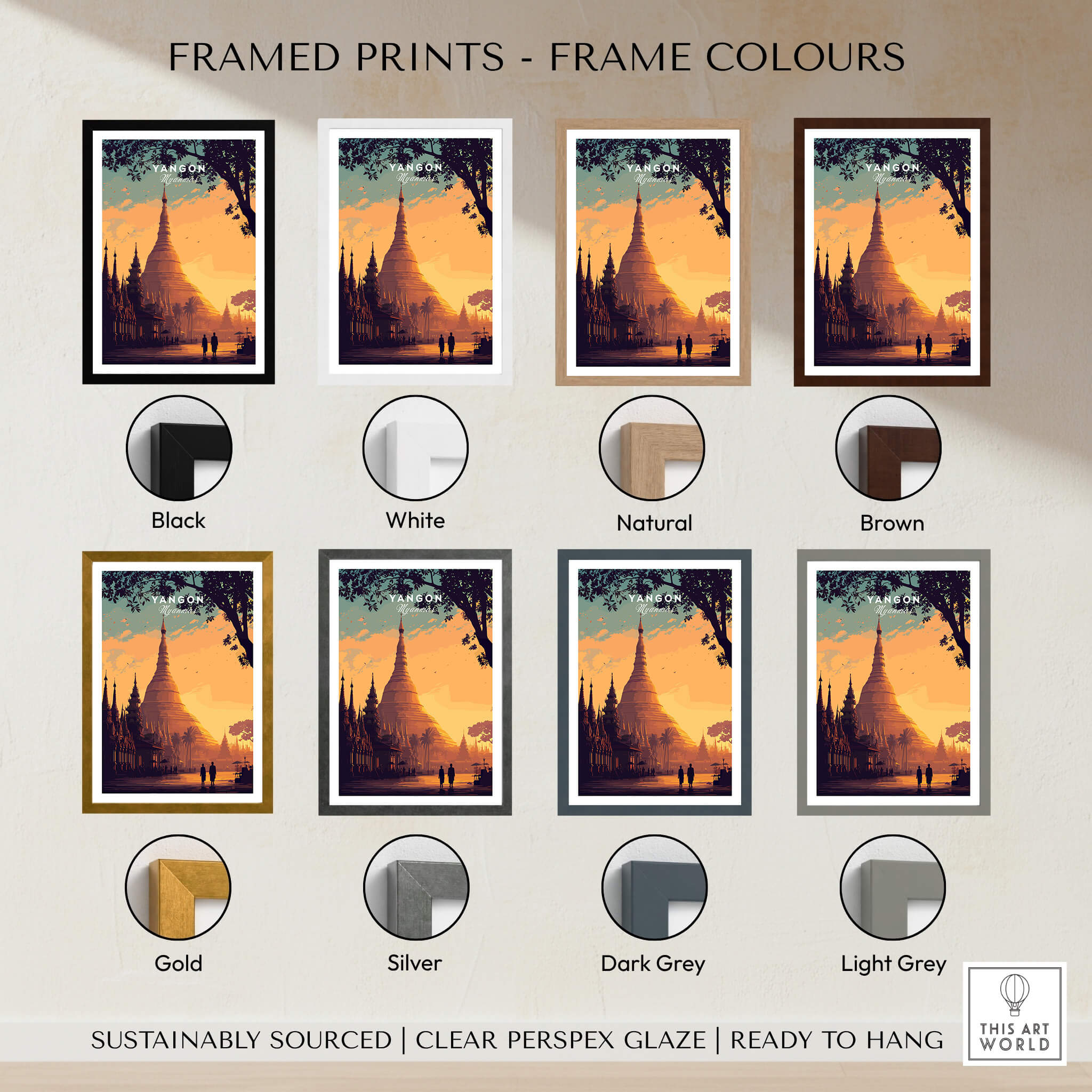 Framed prints color options for Yangon Myanmar Wall Art Print | Shwedagon Pagoda Sunset Travel Poster.