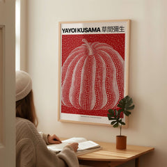 Yayoi Kusama Red White Pumpkin 2013 Singapore Exhibition Art Print Poster Polka Dot hanging on wall, person admiring it.