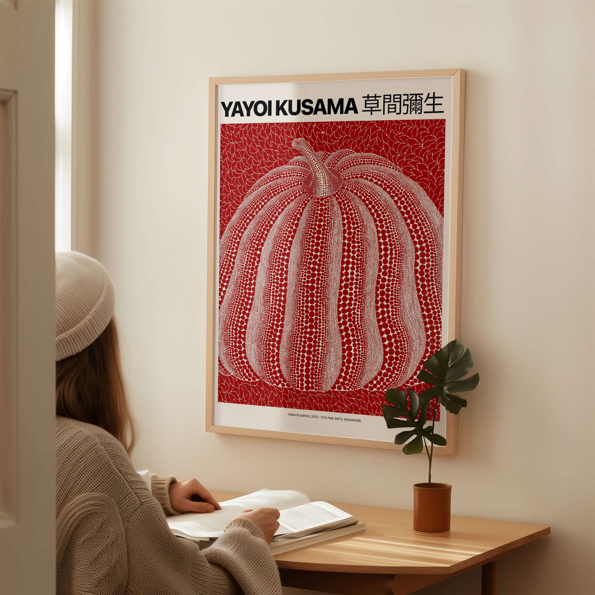 Yayoi Kusama Red White Pumpkin 2013 Singapore Exhibition Art Print Poster Polka Dot hanging on wall, person admiring it.