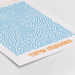 Yayoi Kusama Blue Infinity Net Pattern Abstract Art Print Paris Exhibition Poster featuring blue lines on white background