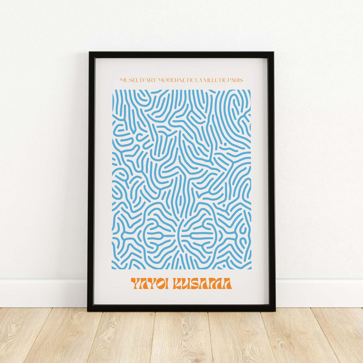 Yayoi Kusama Blue Infinity Net Pattern Abstract Art Print Paris Exhibition Poster framed in modern decor style