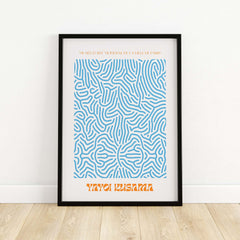 Yayoi Kusama Blue Infinity Net Pattern Abstract Art Print Paris Exhibition Poster framed in modern decor style