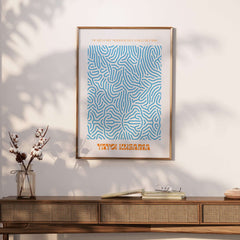 Yayoi Kusama Blue Infinity Net Pattern Abstract Art Print Paris Exhibition Poster displayed in a modern living space.