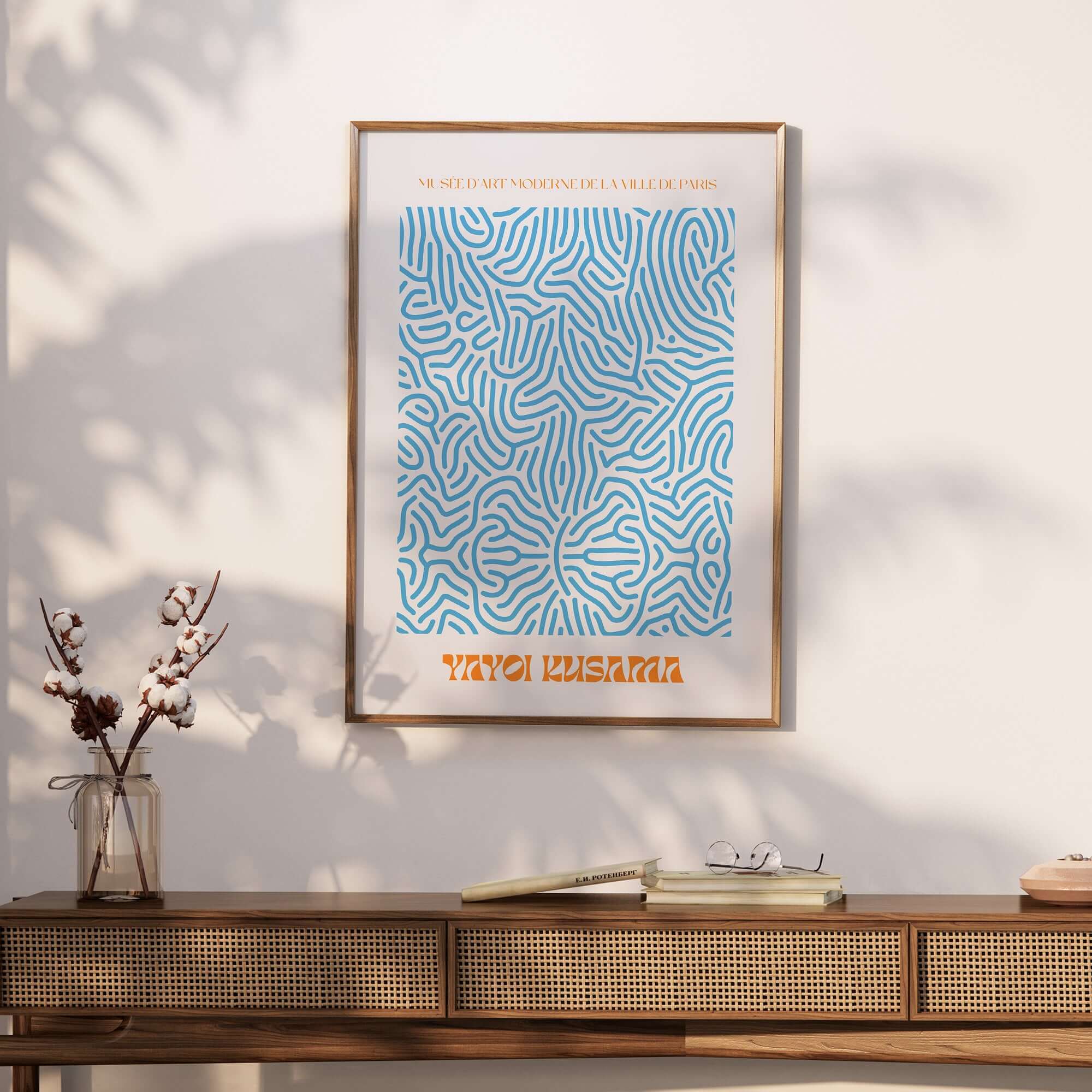 Yayoi Kusama Blue Infinity Net Pattern Abstract Art Print Paris Exhibition Poster displayed in a modern living space.