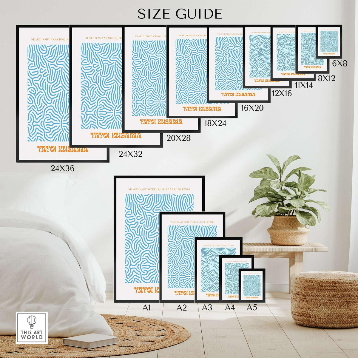 Yayoi Kusama Blue Infinity Net Pattern Abstract Art Print Paris Exhibition Poster size guide with different frame options.