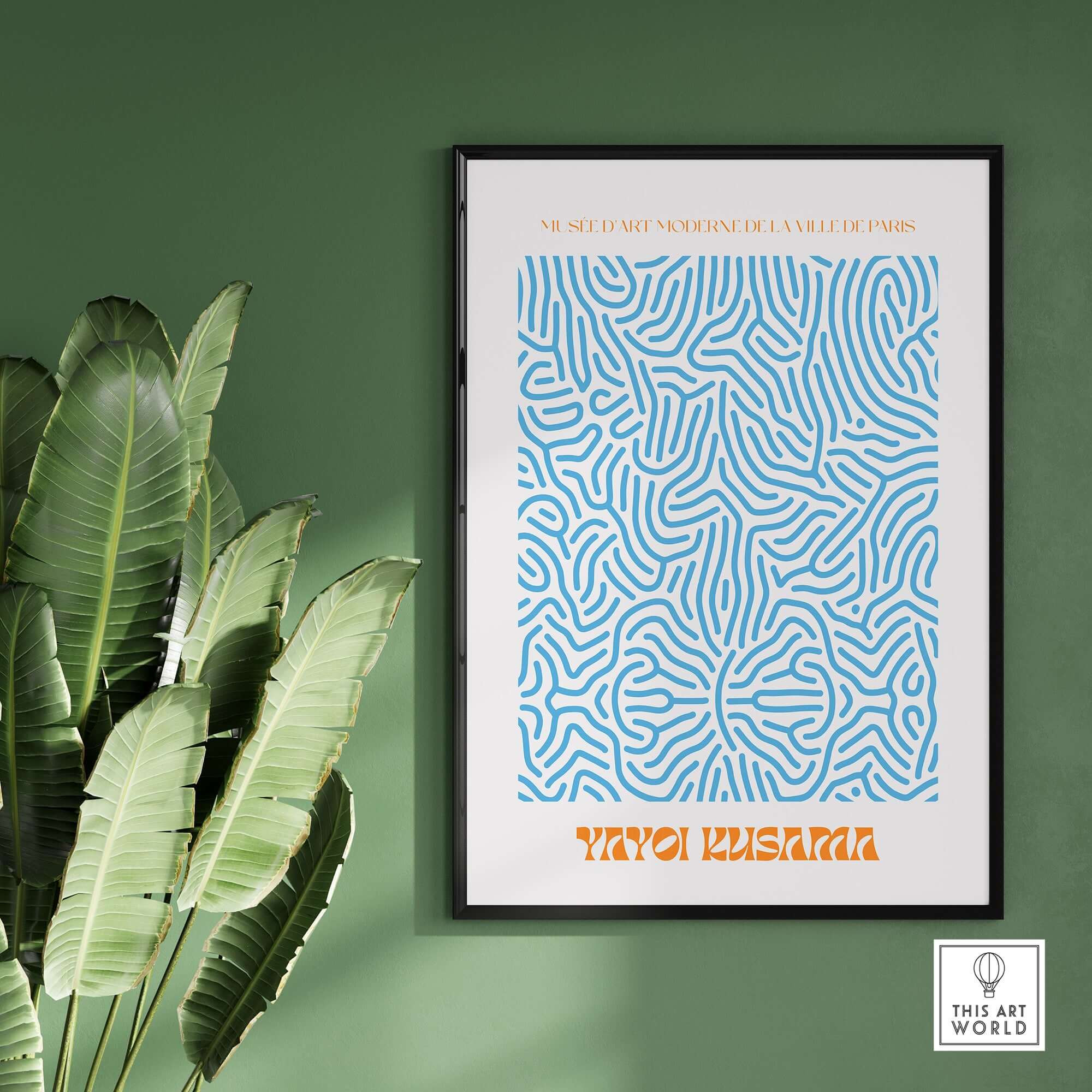 Yayoi Kusama Blue Infinity Net Pattern Abstract Art Print Paris Exhibition Poster framed on a green wall with plants.