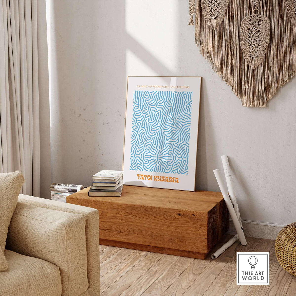 Yayoi Kusama Blue Infinity Net Pattern Abstract Art Print Paris Exhibition Poster displayed in a stylish interior setting.
