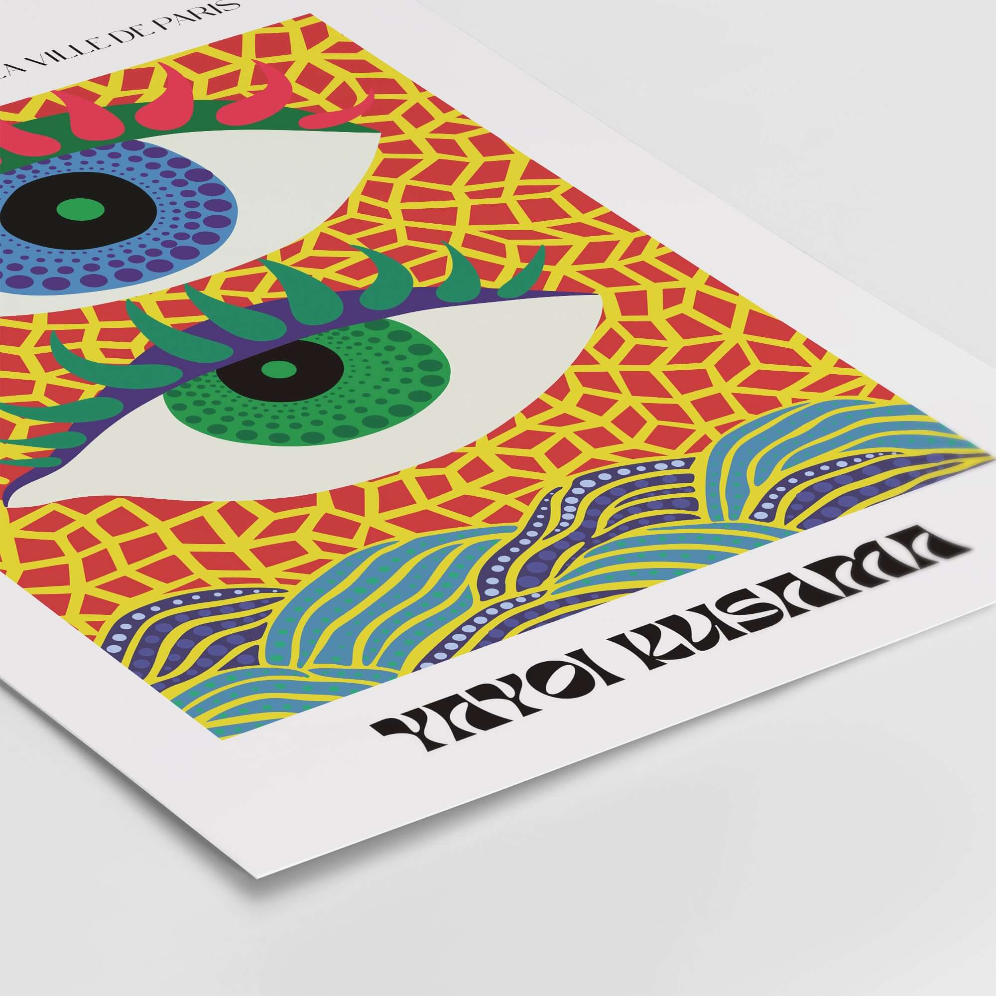 Yayoi Kusama Colorful Eyes Abstract Pattern Contemporary Art Print Paris Poster featuring vibrant eyes and geometric design.