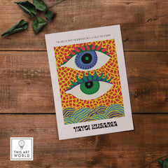 Yayoi Kusama Colorful Eyes Abstract Pattern Contemporary Art Print Paris Poster featuring stylized eyes on bold geometric background.