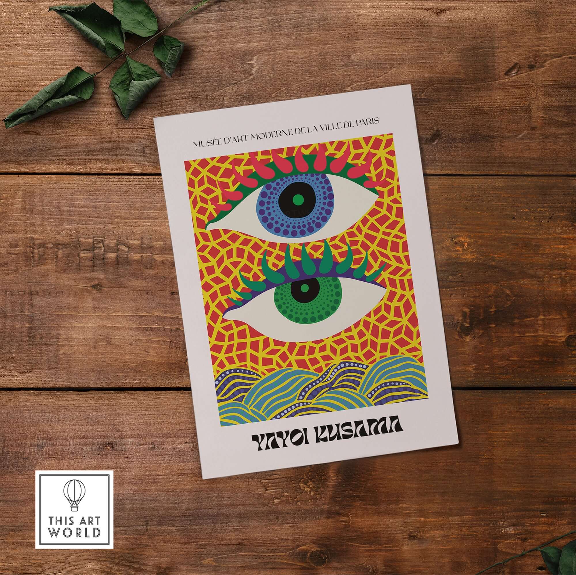 Yayoi Kusama Colorful Eyes Abstract Pattern Contemporary Art Print Paris Poster featuring stylized eyes on bold geometric background.