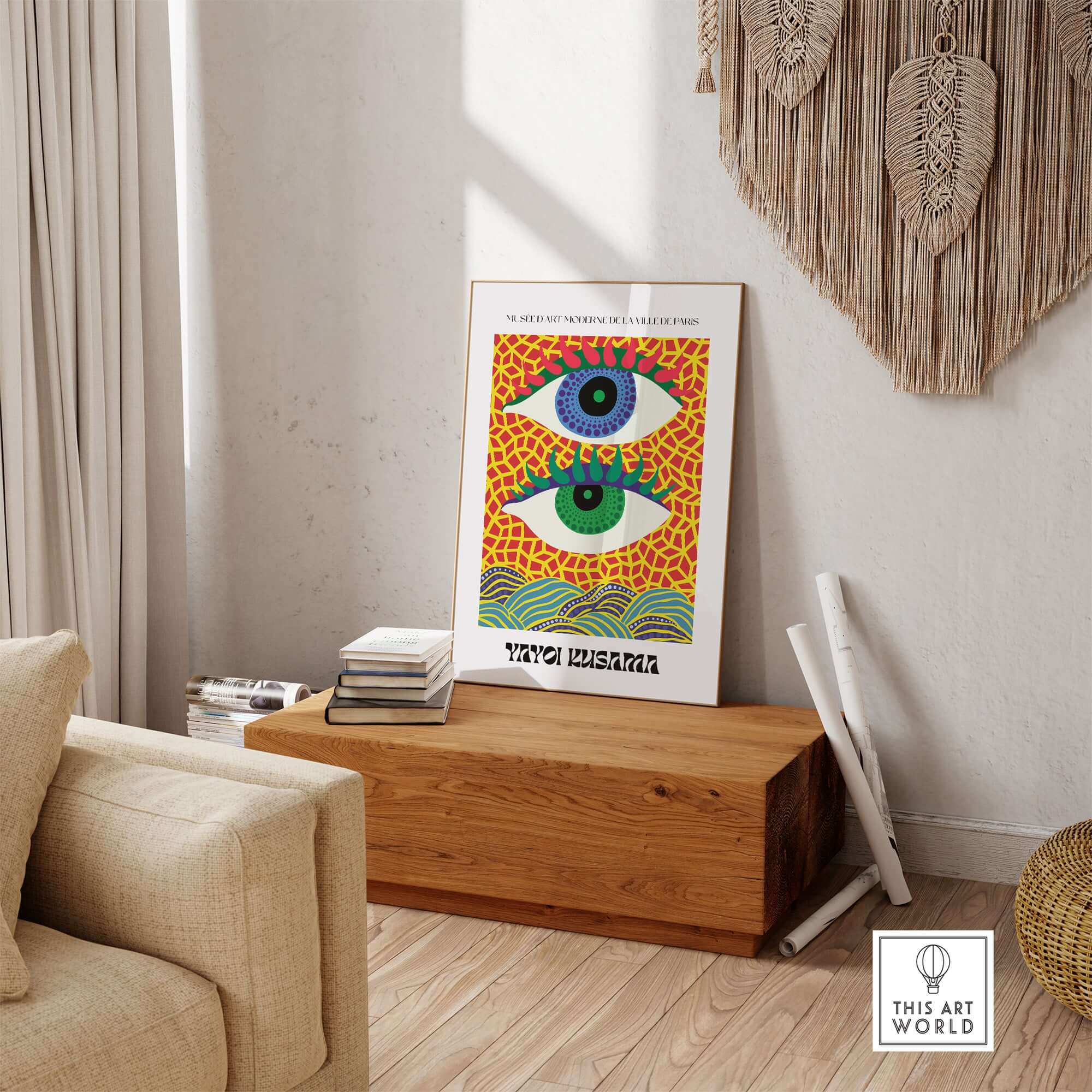 Yayoi Kusama Colorful Eyes Abstract Pattern Contemporary Art Print Paris Poster displayed on a wooden table in a cozy interior.