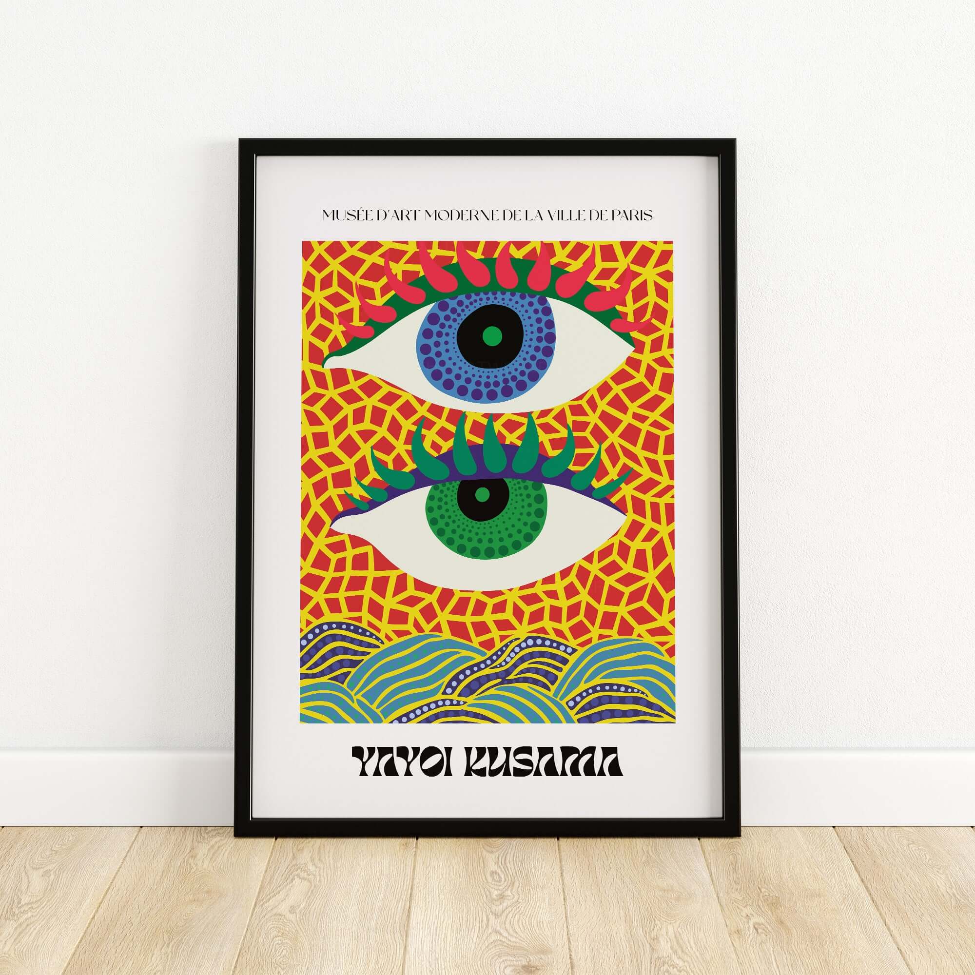 Yayoi Kusama Colorful Eyes Abstract Pattern Contemporary Art Print Paris Poster showcasing vibrant stylized eyes and geometric patterns.