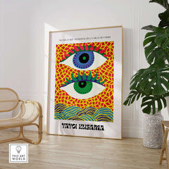 Yayoi Kusama Colorful Eyes Abstract Pattern Contemporary Art Print Paris Poster in modern interior setting.