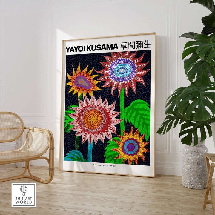 Yayoi Kusama colorful flowers art print poster featuring vibrant polka dots and stylized blooms in a modern setting.