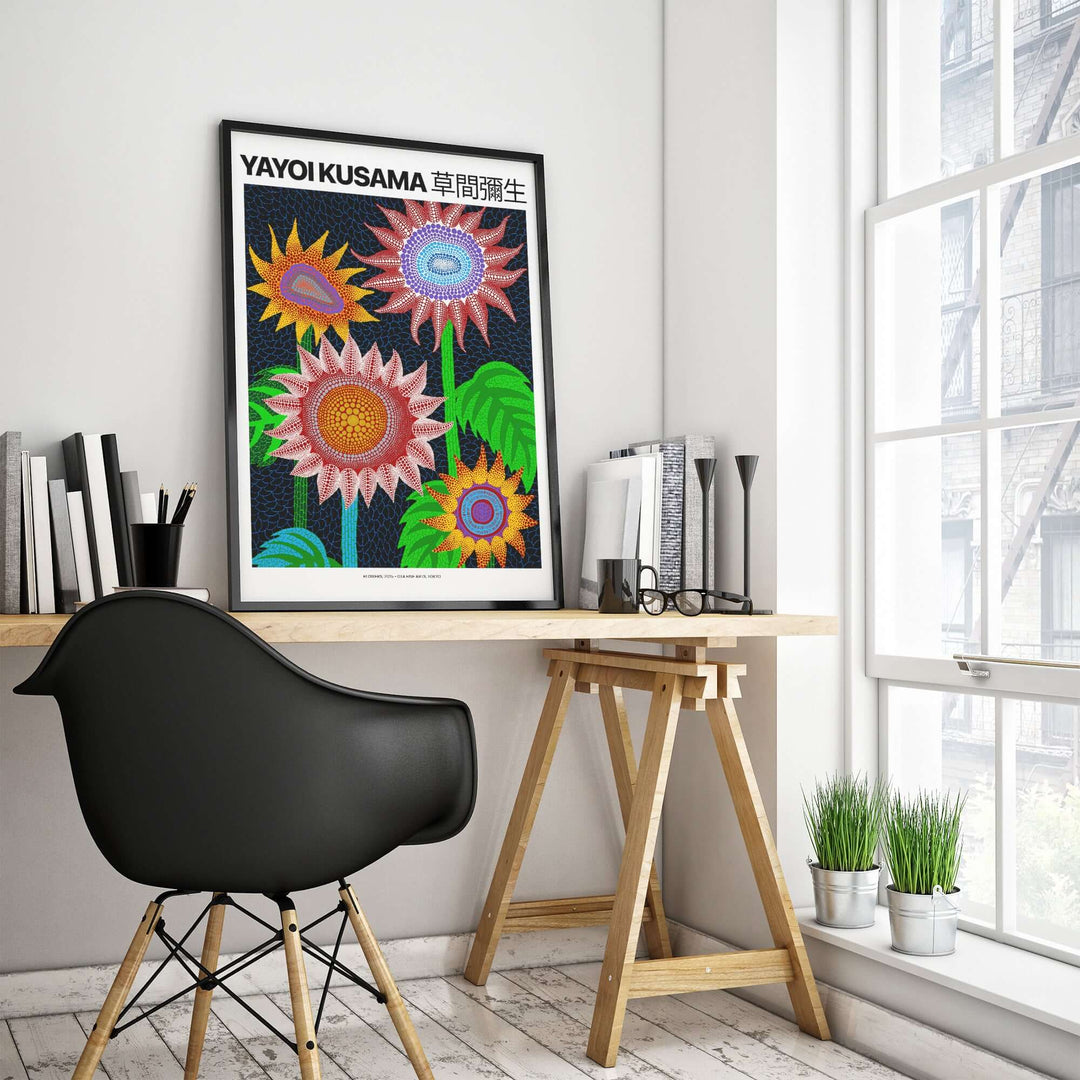 Yayoi Kusama colorful flowers art print poster displayed in modern home office with stylish decor.