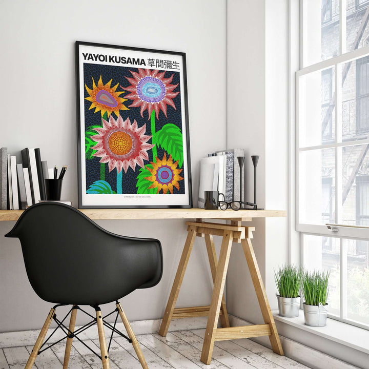 Yayoi Kusama colorful flowers art print poster displayed in modern home office with stylish decor.