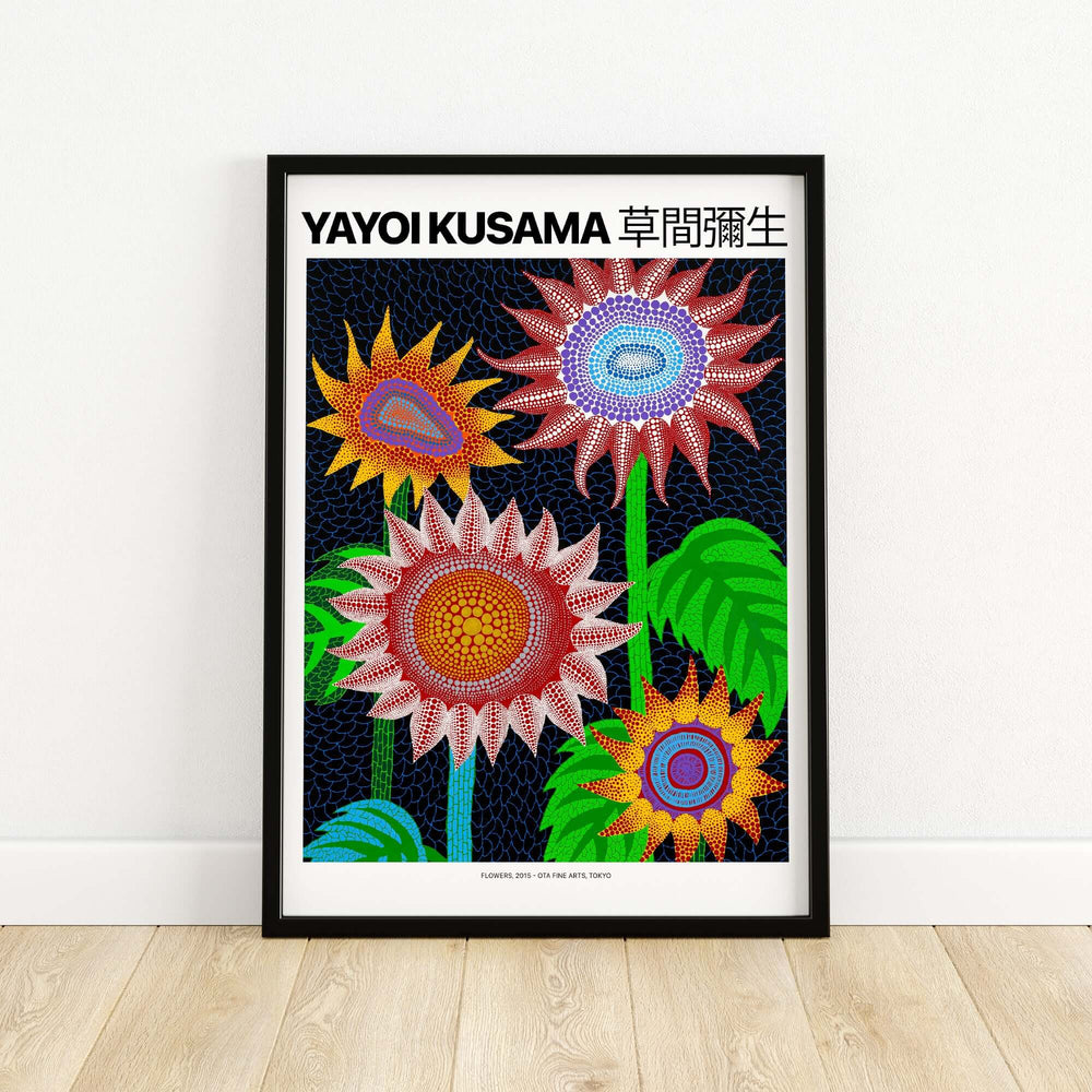 Yayoi Kusama Colorful Flowers art print poster featuring stylized blooms and polka dots against a dark background.