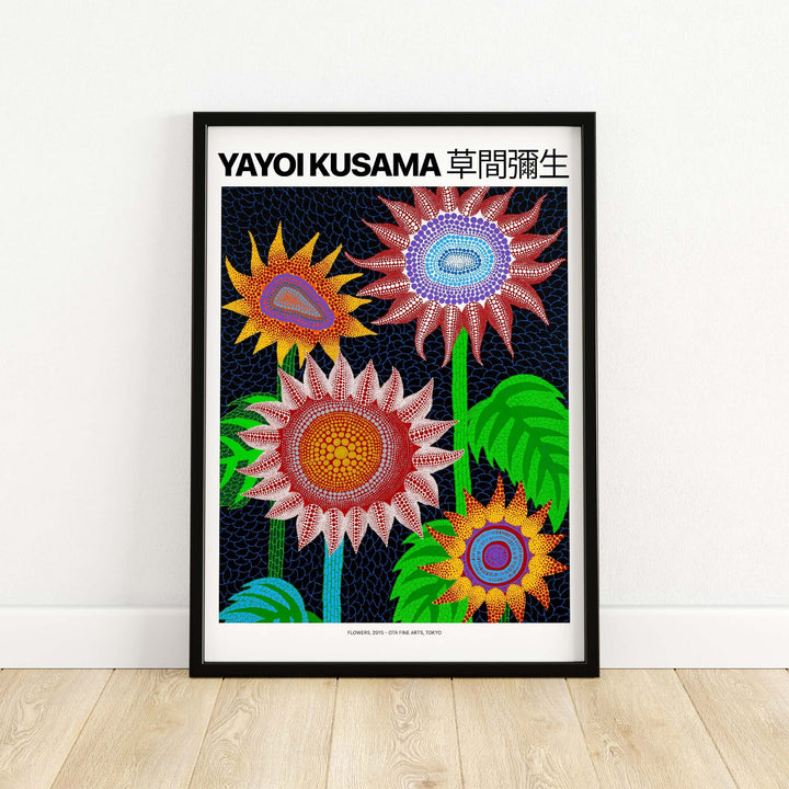 Yayoi Kusama Colorful Flowers art print poster featuring stylized blooms and polka dots against a dark background.