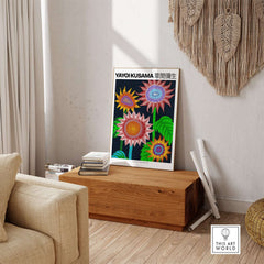 Yayoi Kusama Colorful Flowers 2015 Tokyo Art Print Poster Contemporary Polka Dot Wall Art displayed in a cozy interior.