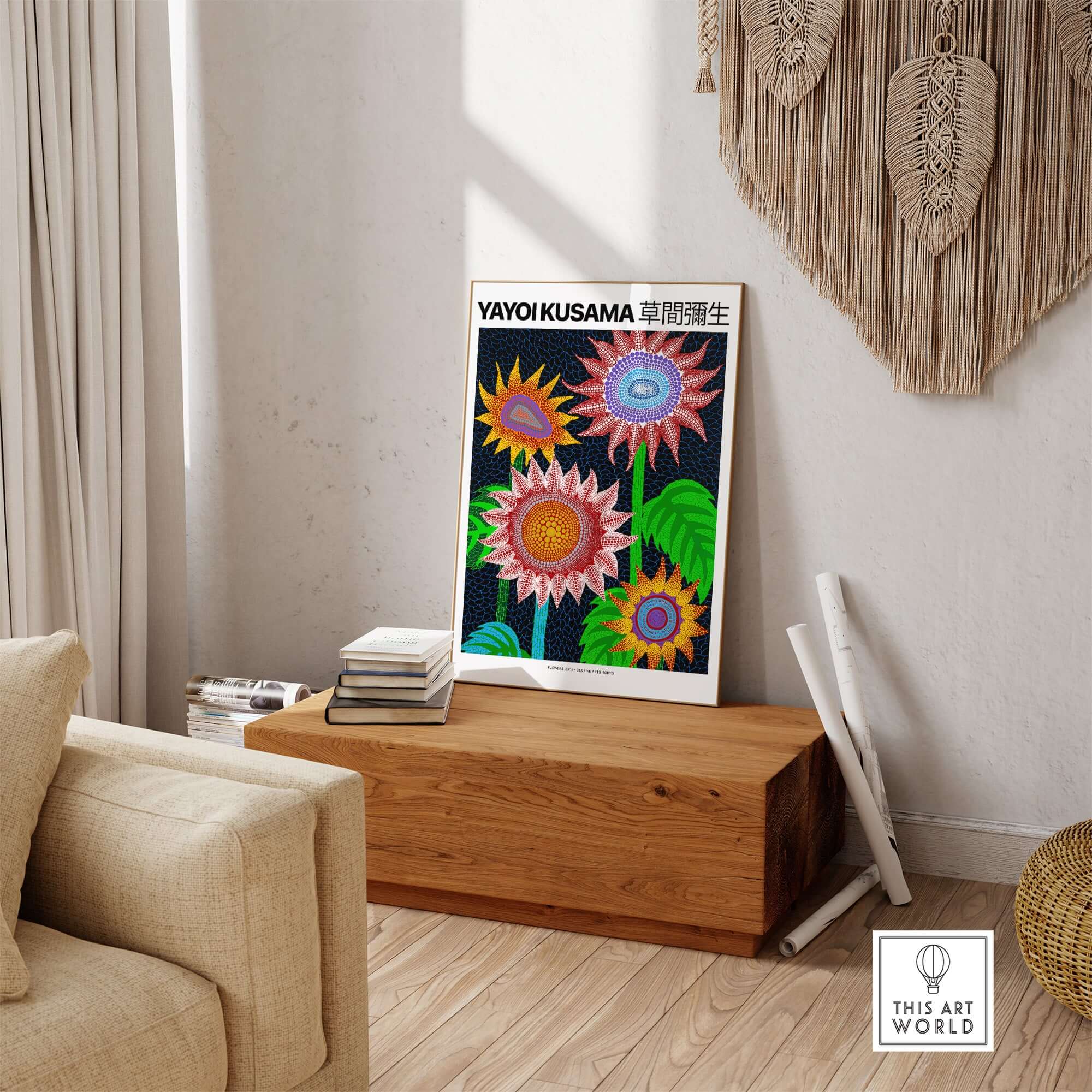 Yayoi Kusama Colorful Flowers 2015 Tokyo Art Print Poster Contemporary Polka Dot Wall Art displayed in a cozy interior.