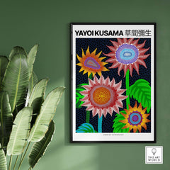 Yayoi Kusama Colorful Flowers 2015 Tokyo Art Print Poster Contemporary Polka Dot Wall Art displayed on a wall.
