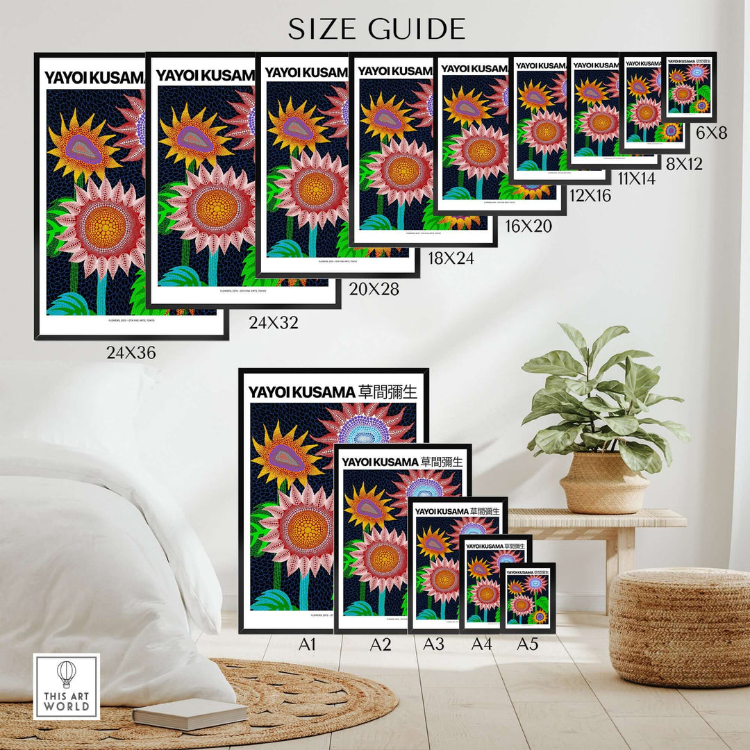Size guide for Yayoi Kusama Colorful Flowers art prints in various dimensions displayed in a cozy room setting.