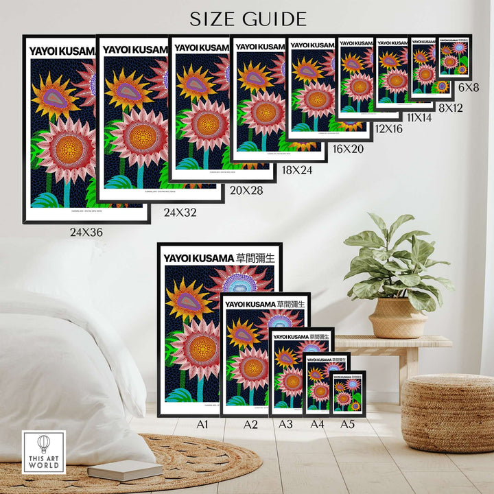 Size guide for Yayoi Kusama Colorful Flowers art prints in various dimensions displayed in a cozy room setting.