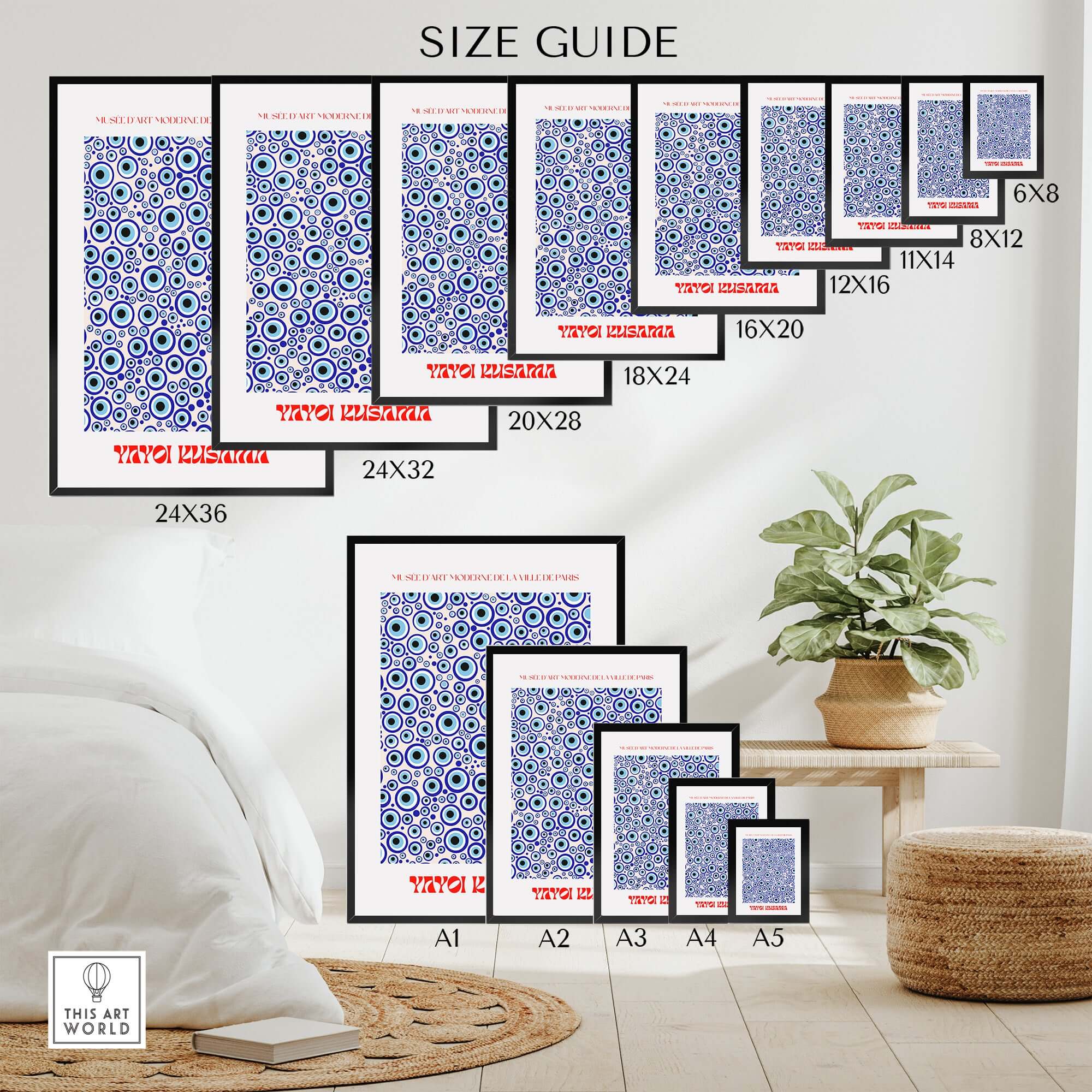Yayoi Kusama Evil Eye Pattern Blue Contemporary Art Print Poster Paris Wall Decor size guide on a modern living room wall.