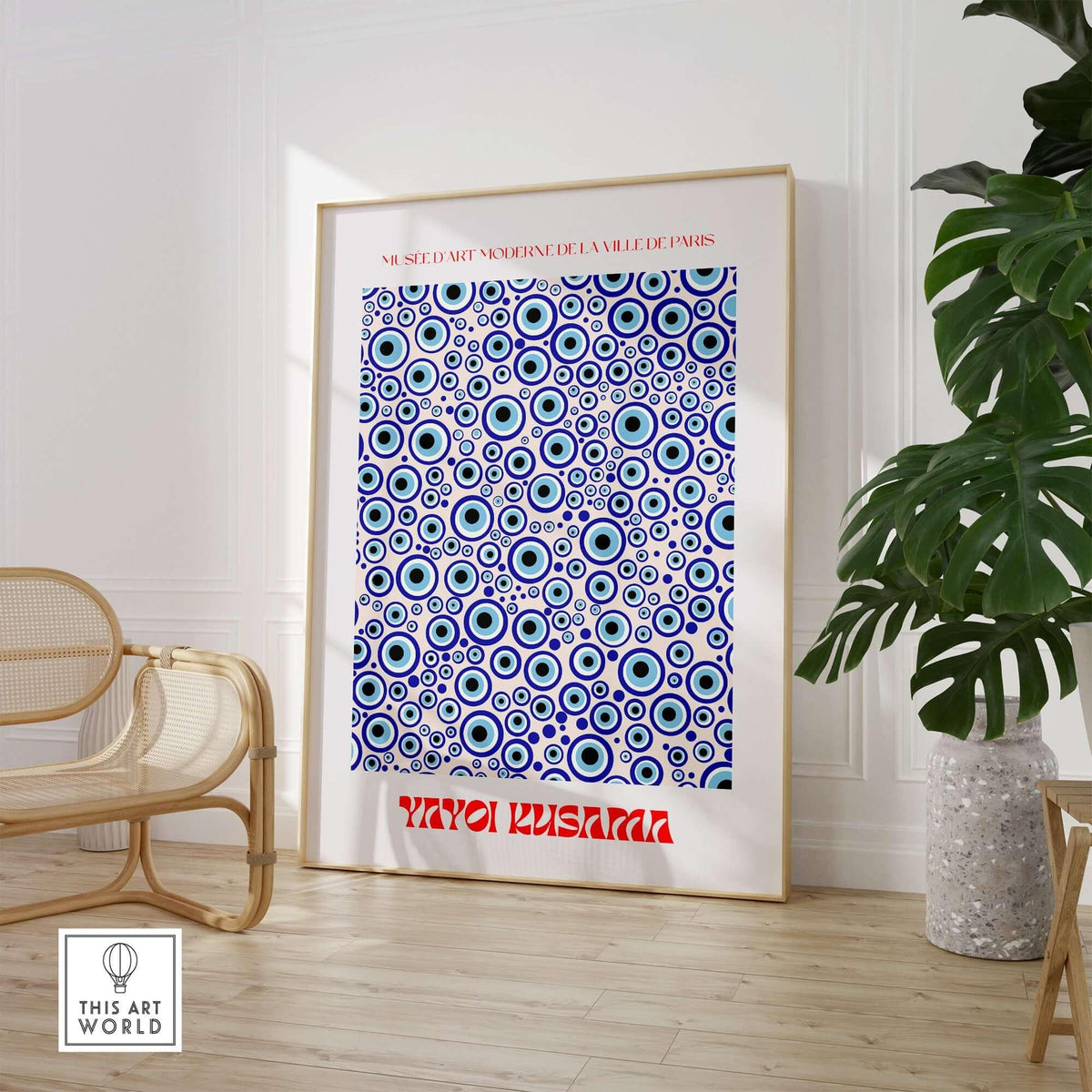 Yayoi Kusama Evil Eye Pattern Blue Contemporary Art Print Poster Paris Wall Decor in modern interior setting.