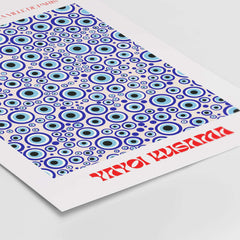 Yayoi Kusama Evil Eye Pattern Blue Contemporary Art Print Poster Paris Wall Decor featuring blue evil eye motifs.