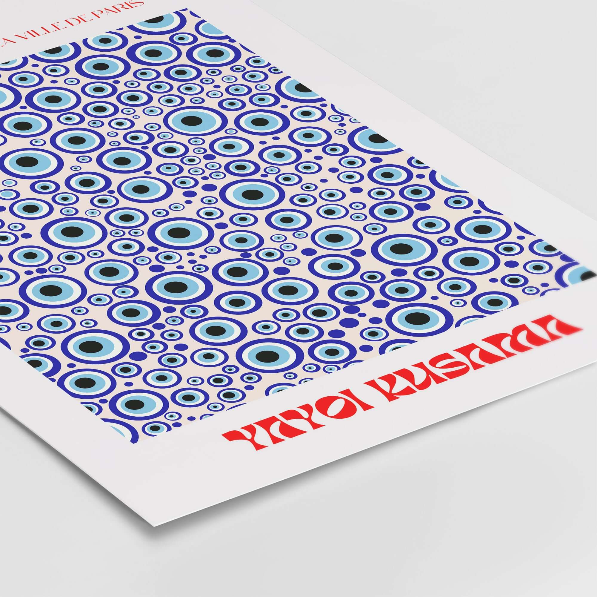 Yayoi Kusama Evil Eye Pattern Blue Contemporary Art Print Poster Paris Wall Decor featuring blue evil eye motifs.