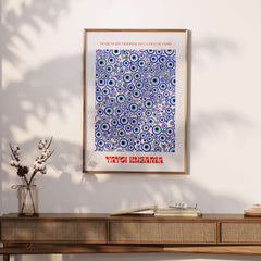 Yayoi Kusama Evil Eye Pattern Blue Contemporary Art Print Poster Paris Wall Decor featured in a modern interior setting.