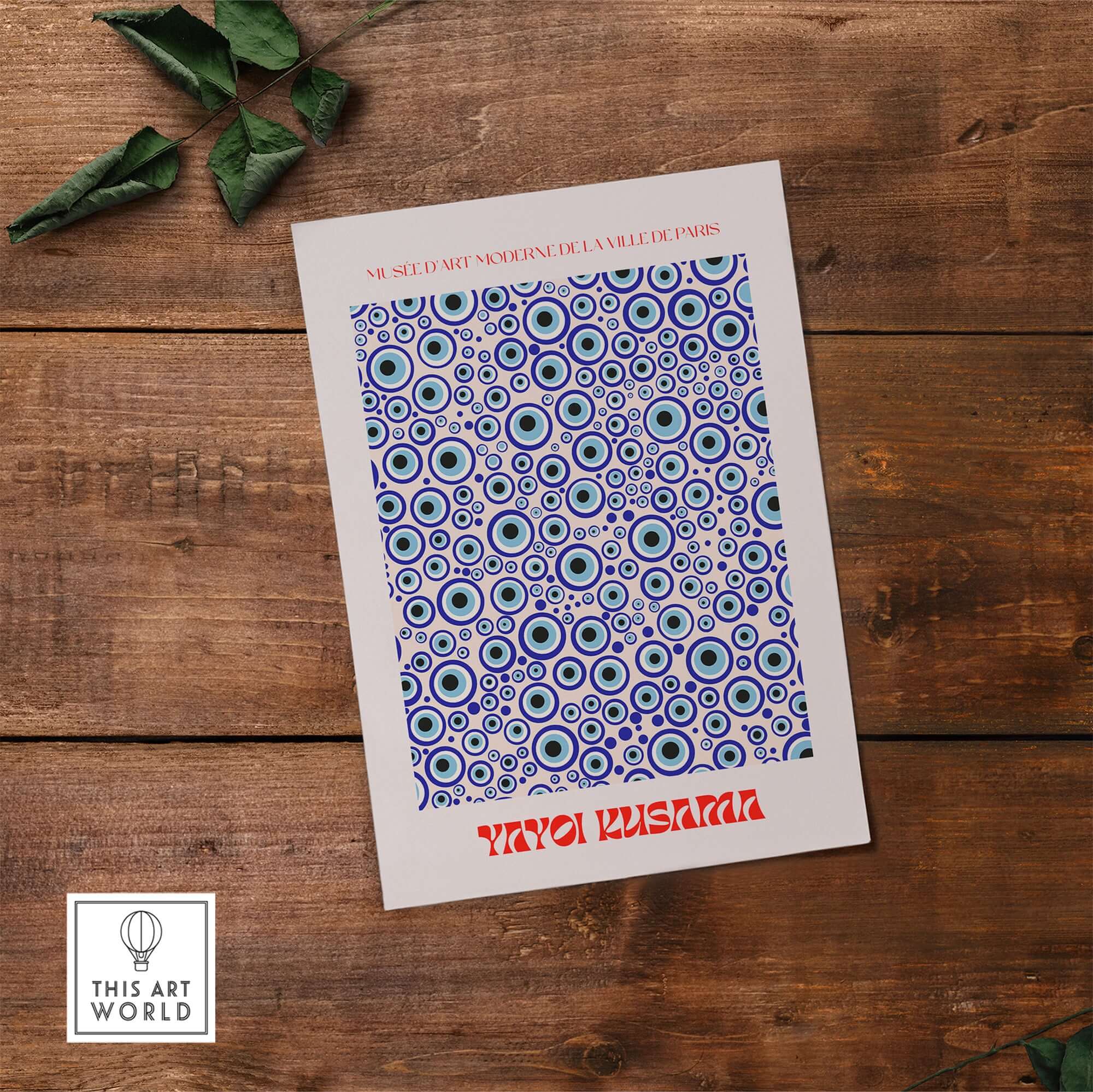 Yayoi Kusama Evil Eye Pattern Blue Contemporary Art Print Poster Paris Wall Decor showcasing repeating blue eye motifs.