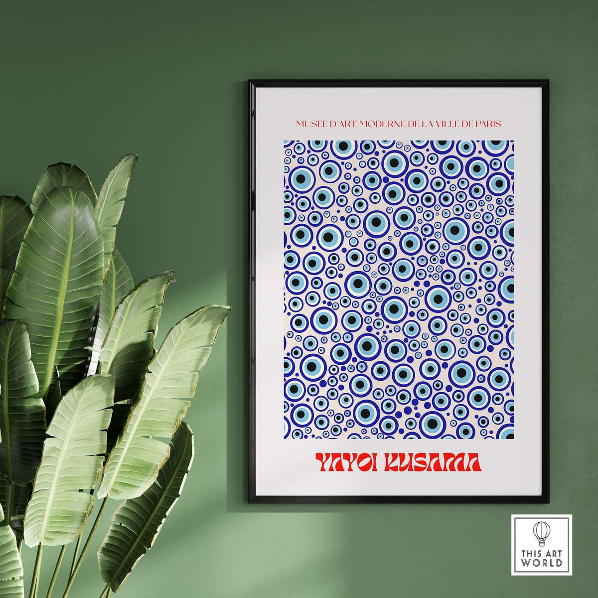 Yayoi Kusama Evil Eye Pattern Blue Contemporary Art Print Poster Paris Wall Decor displayed in a stylish frame with greenery.