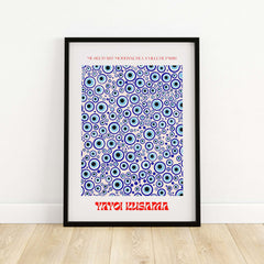 Yayoi Kusama Evil Eye Pattern Blue Contemporary Art Print Poster Paris Wall Decor in a modern black frame on display.