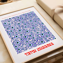 Yayoi Kusama Evil Eye Pattern Blue Contemporary Art Print Poster Paris Wall Decor featuring repeating blue 'evil eye' motifs.