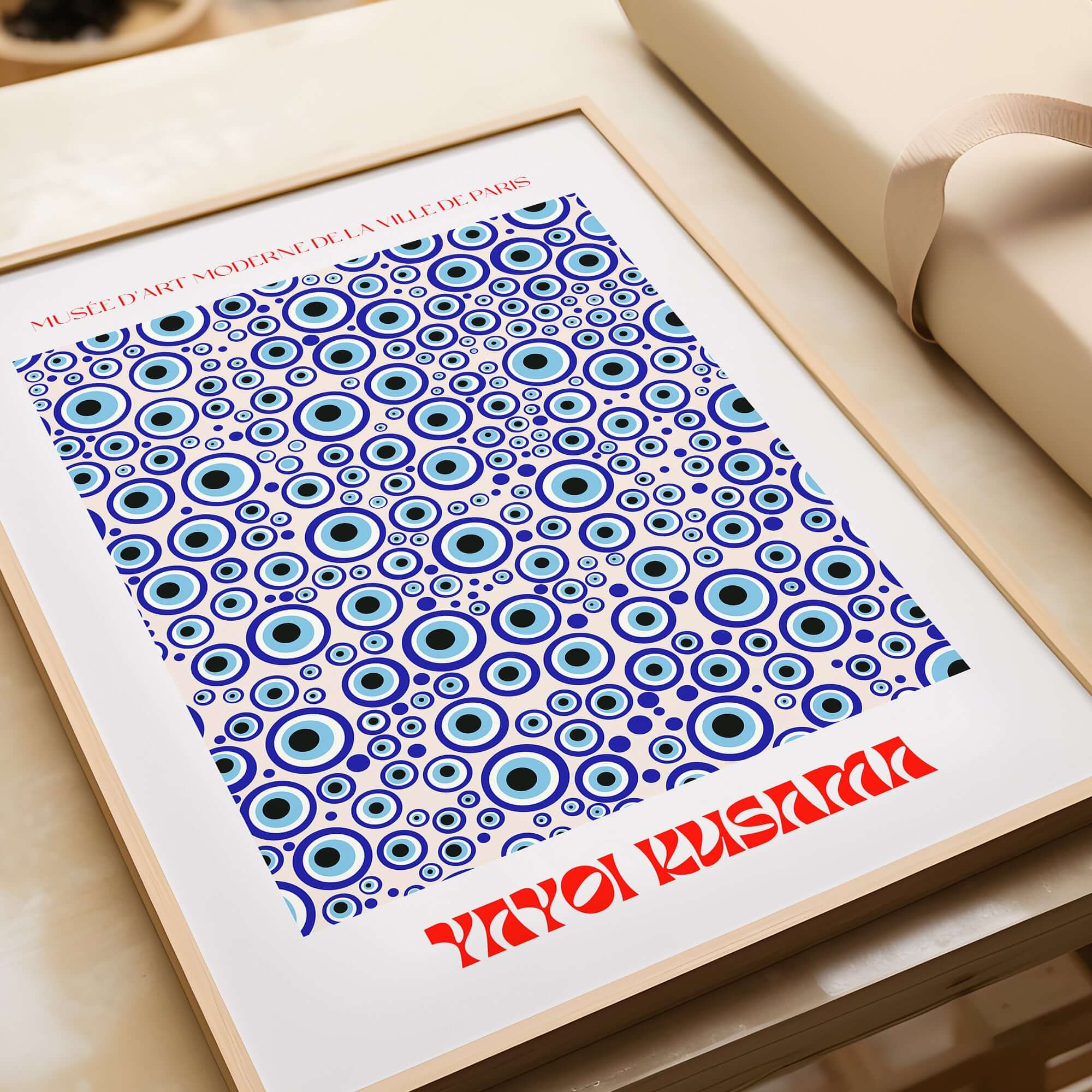 Yayoi Kusama Evil Eye Pattern Blue Contemporary Art Print Poster Paris Wall Decor featuring repeating blue 'evil eye' motifs.