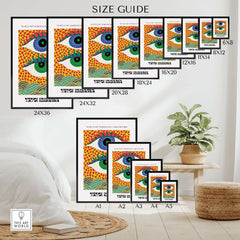 Yayoi Kusama Colorful Eyes Abstract Pattern Contemporary Art Print Paris Poster size guide with various frame dimensions.