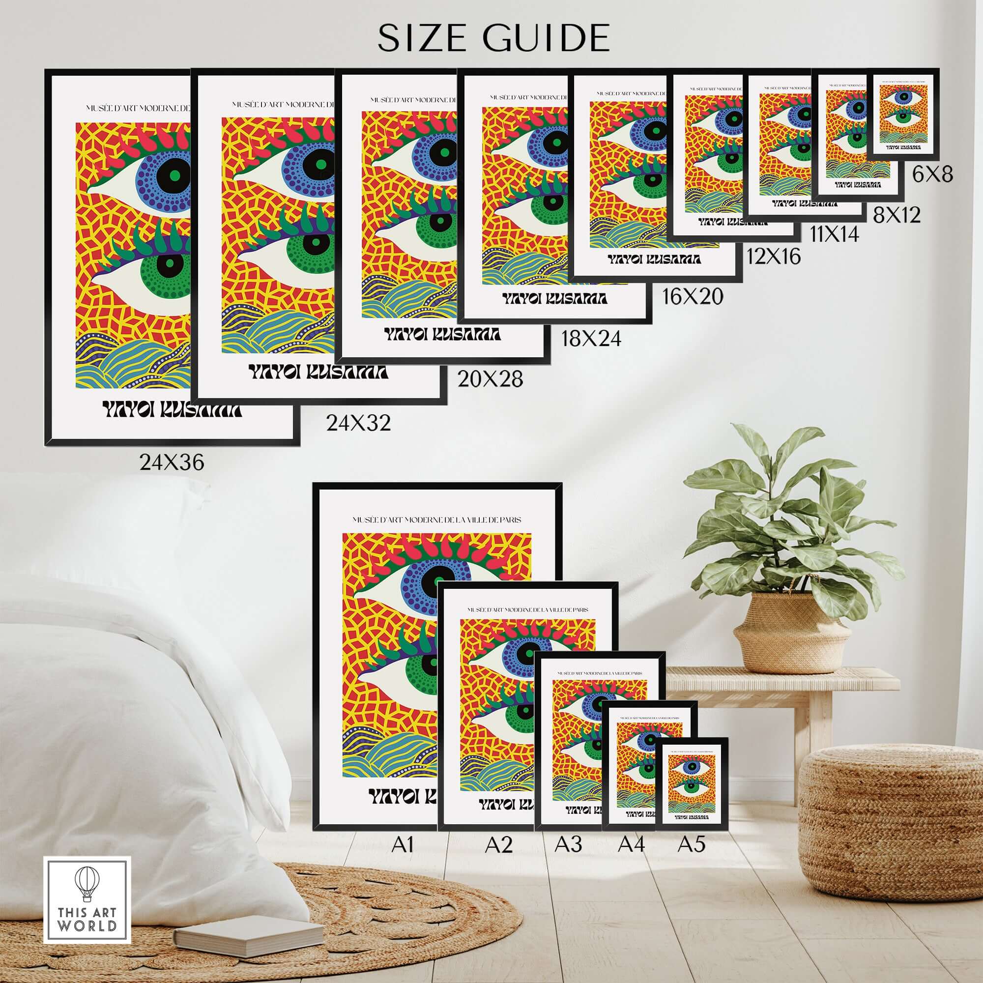 Yayoi Kusama Colorful Eyes Abstract Pattern Contemporary Art Print Paris Poster size guide with various frame dimensions.