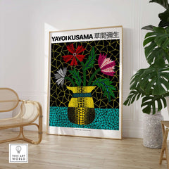 Yayoi Kusama Flowers Vase 1996 Polka Dot Art Print Contemporary Japanese Poster featuring vibrant floral design.