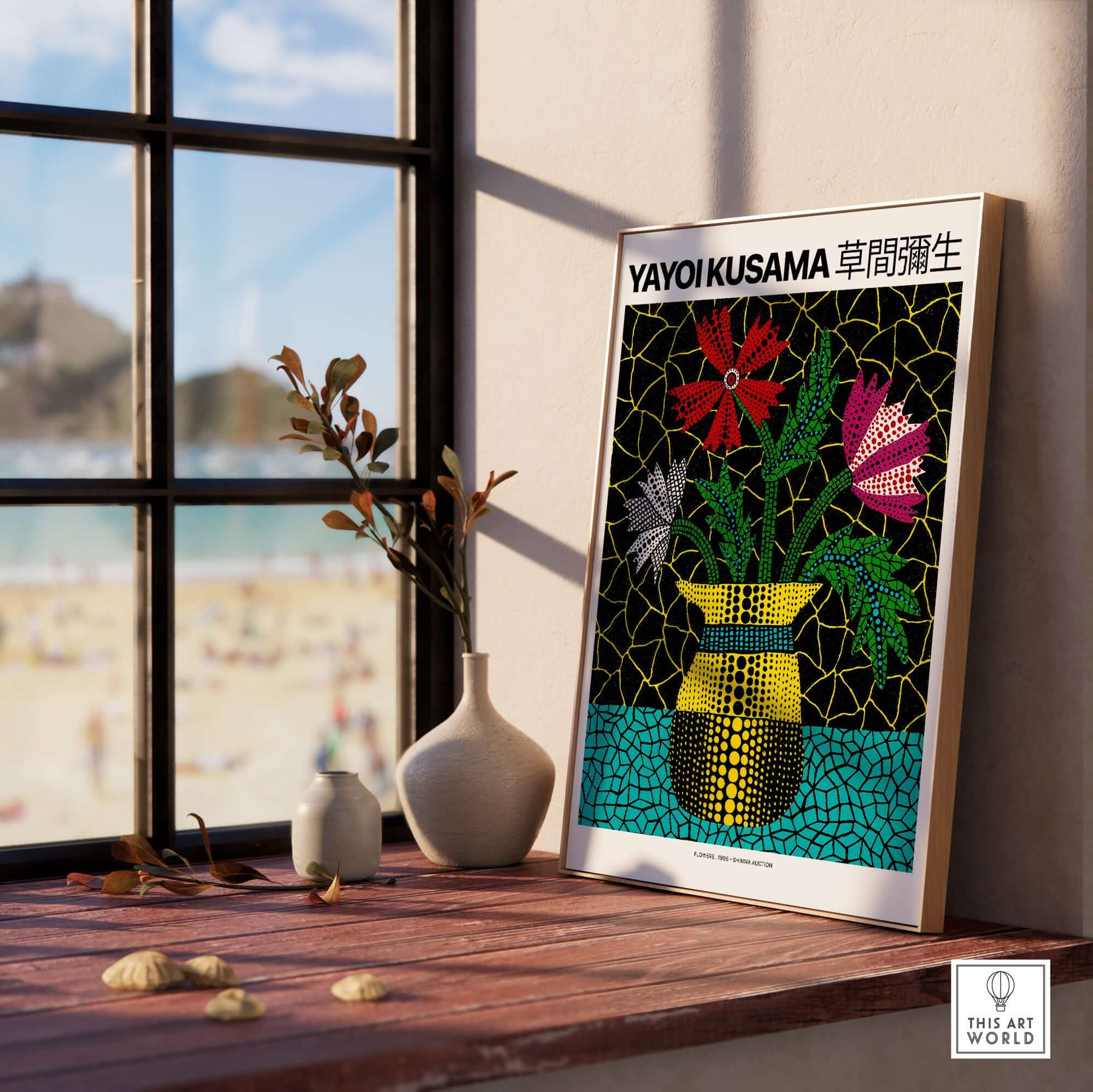 Yayoi Kusama Flowers Vase 1996 Polka Dot Art Print Contemporary Japanese Poster displayed in a bright, modern room.