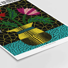 Yayoi Kusama Flowers Vase 1996 Polka Dot Art Print Contemporary Japanese Poster featuring vibrant dotted flowers with black background.