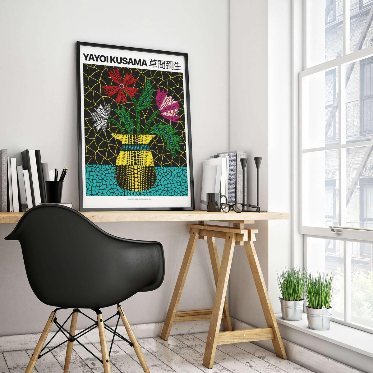 Yayoi Kusama Flowers Vase 1996 Polka Dot Art Print Contemporary Japanese Poster displayed in modern interior with desk.