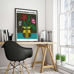 Yayoi Kusama Flowers Vase 1996 Polka Dot Art Print Contemporary Japanese Poster displayed in modern interior with desk.