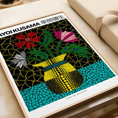 Yayoi Kusama Flowers Vase 1996 Polka Dot Art Print Contemporary Japanese Poster with vibrant floral design.