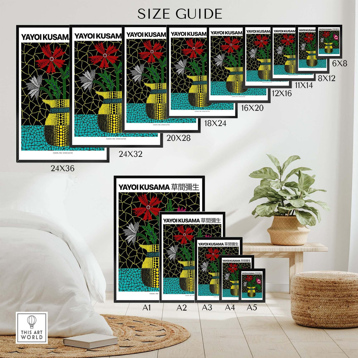 Yayoi Kusama Flowers Vase 1996 Polka Dot Art Print Contemporary Japanese Poster size guide displaying various dimensions.